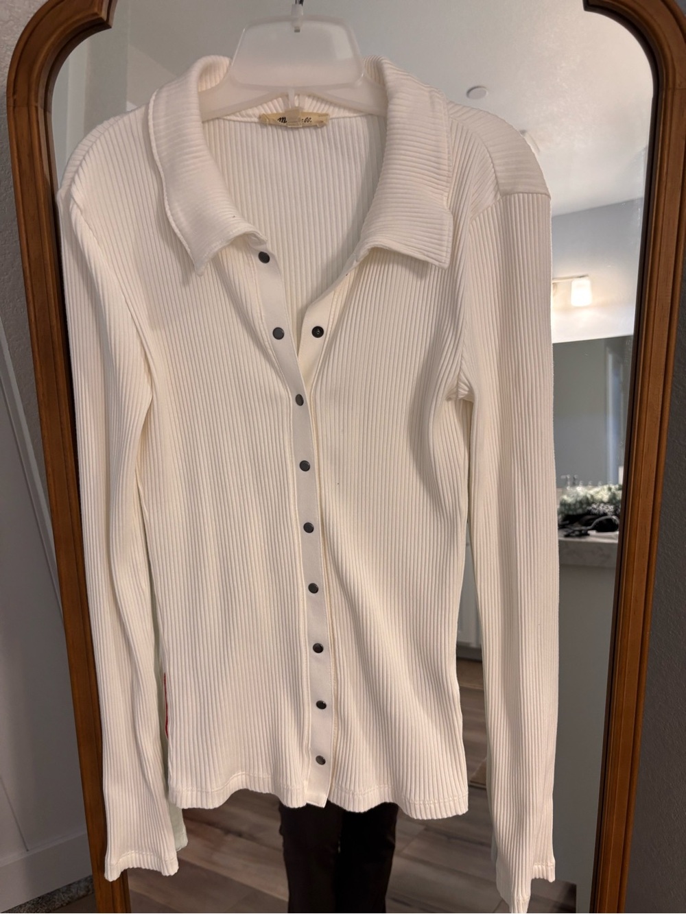 Madewell Cream Ribbed Button-Down Collared Long Sleeve Top